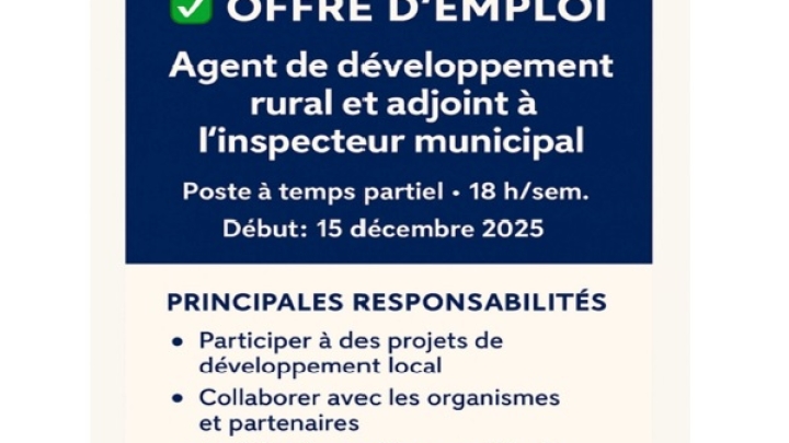 OFFRE D'EMPLOI -Agent de développement rural et adjoint à l'inspecteur municipal