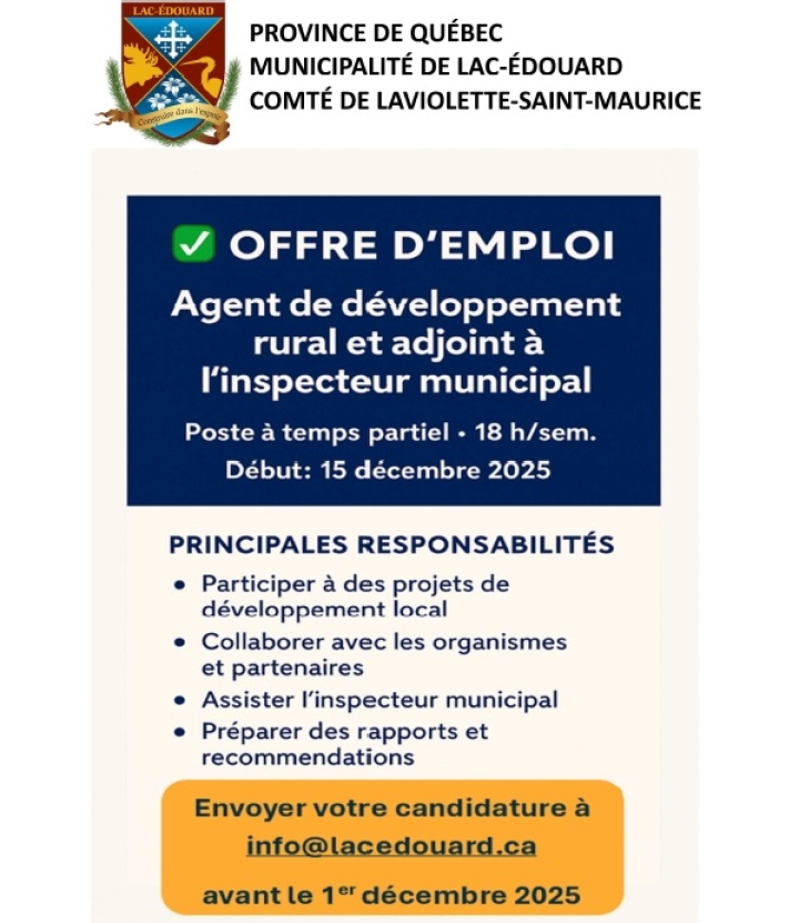 OFFRE D'EMPLOI -Agent de développement rural et adjoint à l'inspecteur municipal