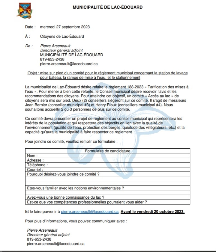 Formation d'un comité d'accès au lac
